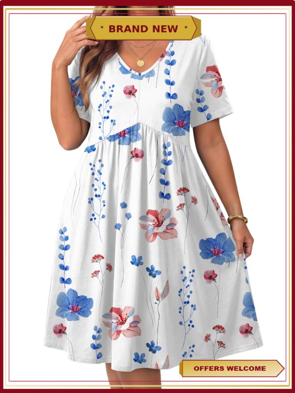 Plus Size Floral Midi Sundress V Neck Short Sleeve Summer Dress with Pockets